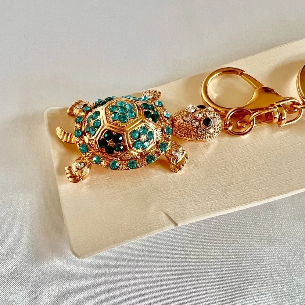 Turtle Key Chain Or bag Charm Teal/Blue Crystal Rhinestone Gold Tone Hardware